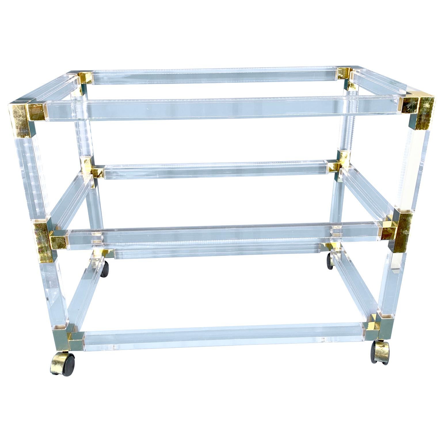 Cut Glass French Mid-Century Three-Tier Bar Cart Trolley In Lucite And Brass For Sale