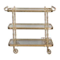 French Midcentury Three-Tiered Brass Cart with Glass Shelves and Spindle Motifs