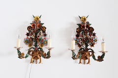 French Midcentury Tole Floral Vintage Wall Sconces with Hand Painted Flowers