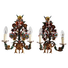 French Midcentury Tole Floral Vintage Wall Sconces with Hand Painted Flowers