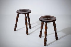 French Midcentury Tripod Stool, a Pair