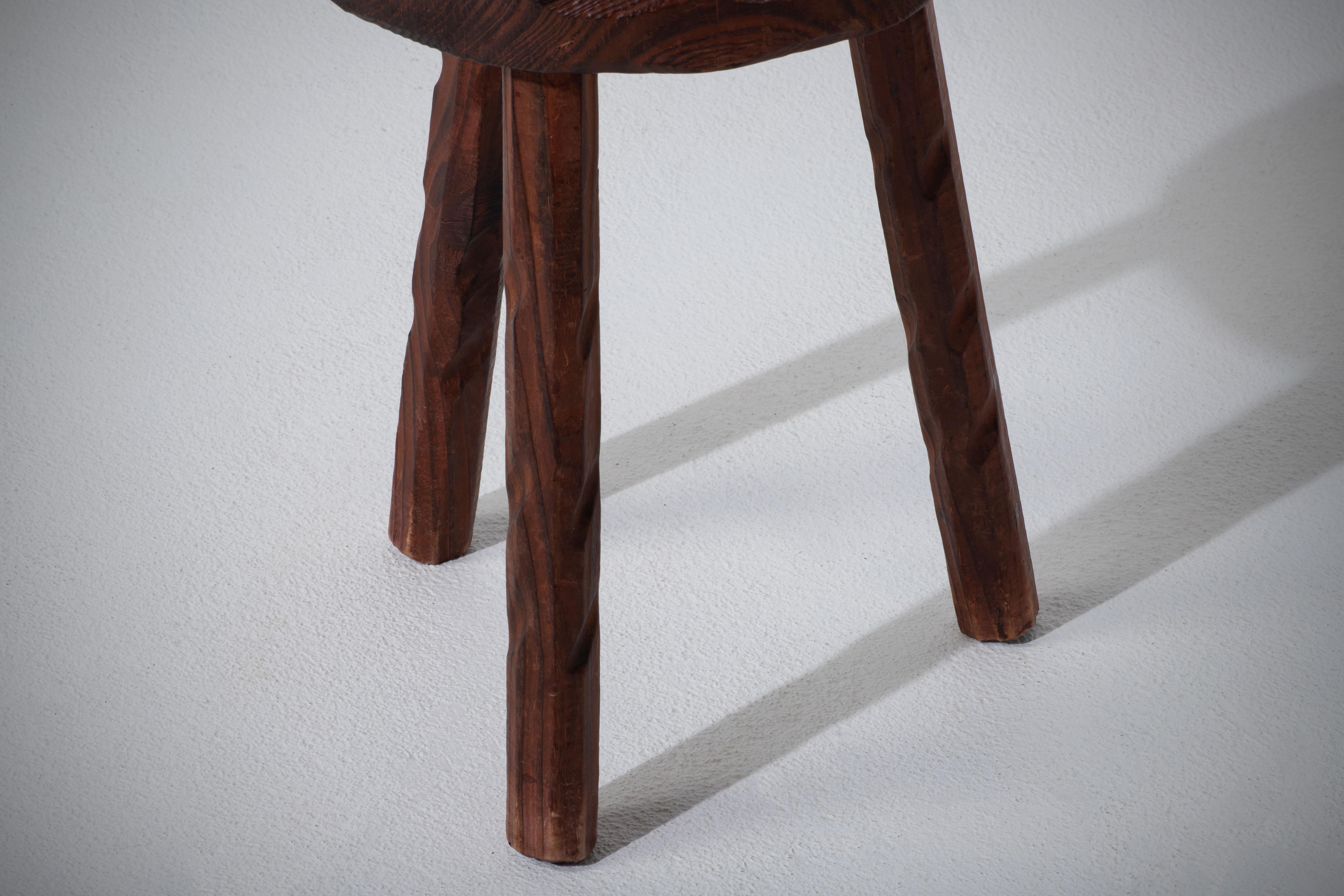 Hand-Carved French Midcentury Tripod Stool, a Pair For Sale