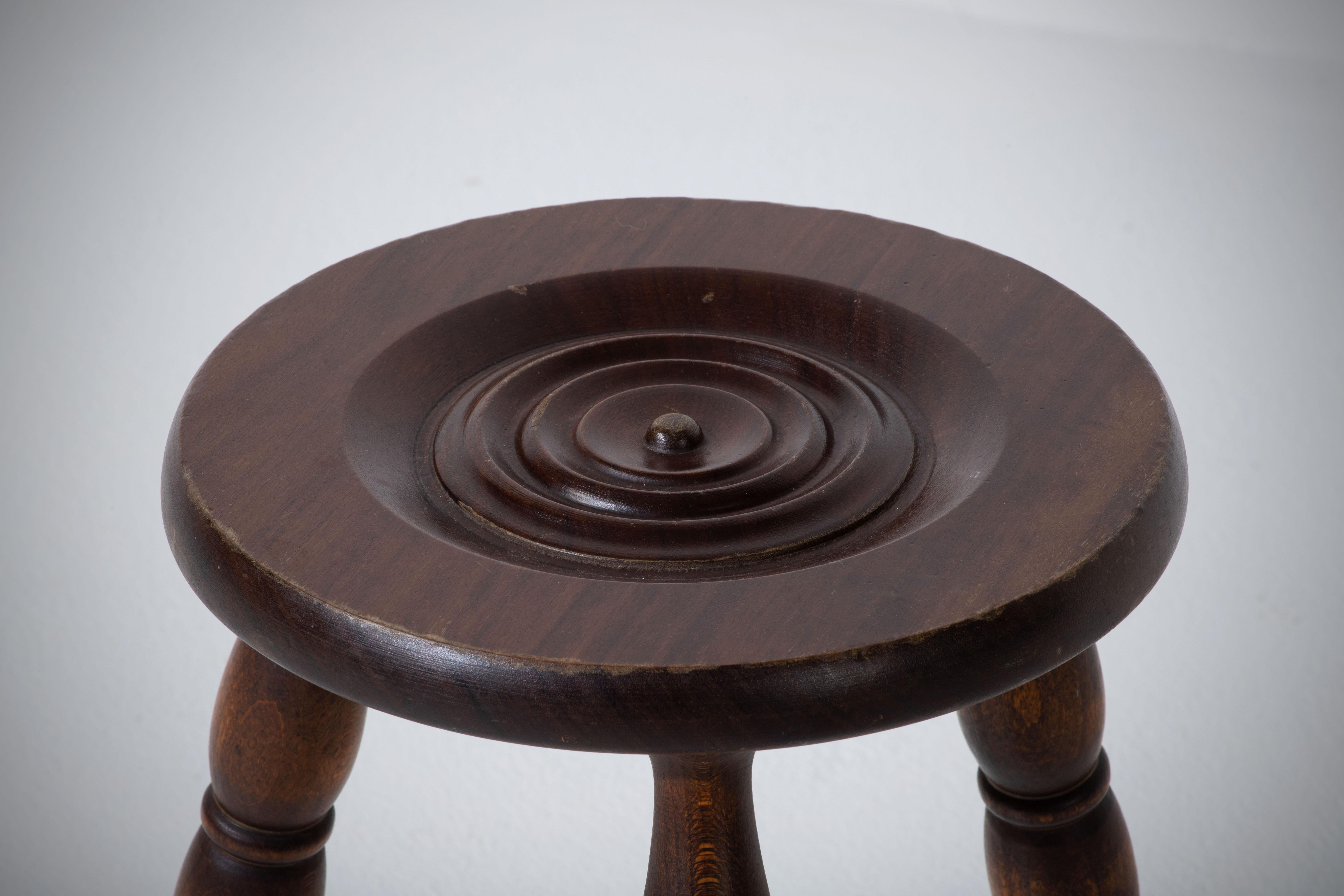 Oak French Midcentury Tripod Stool, a Pair For Sale