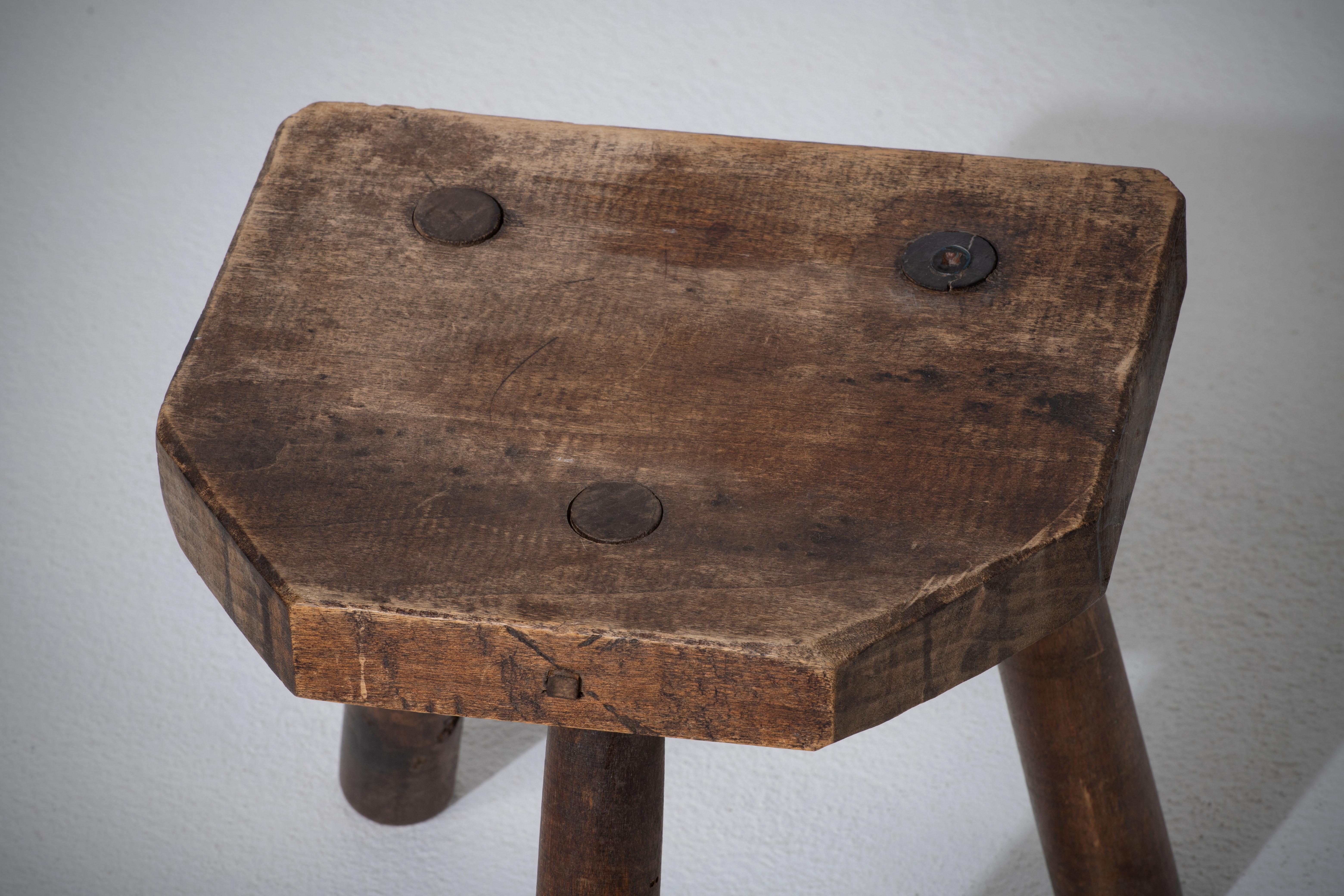 Hand-Carved French Midcentury Tripod Stool For Sale