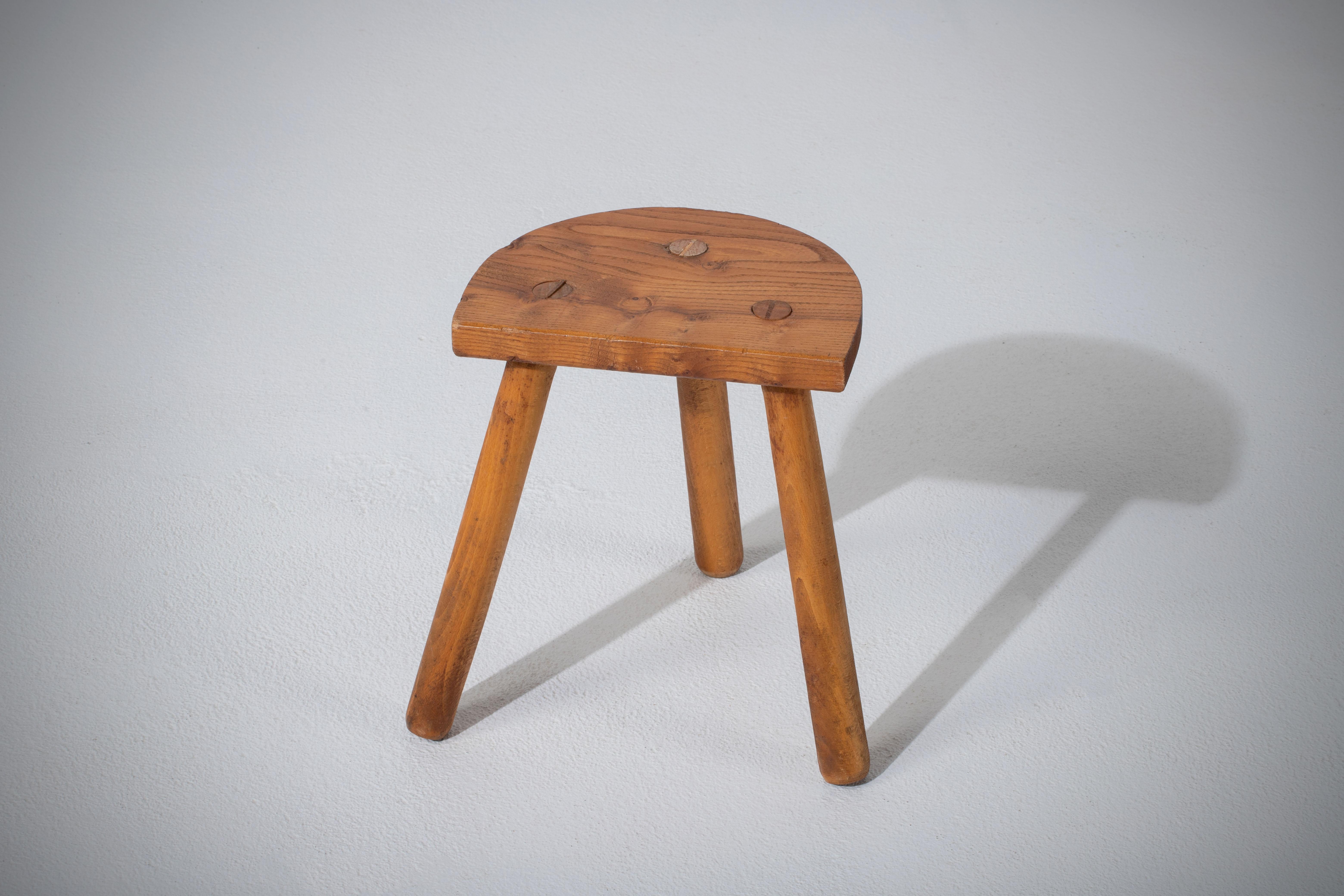 Pine French Midcentury Tripod Stool For Sale