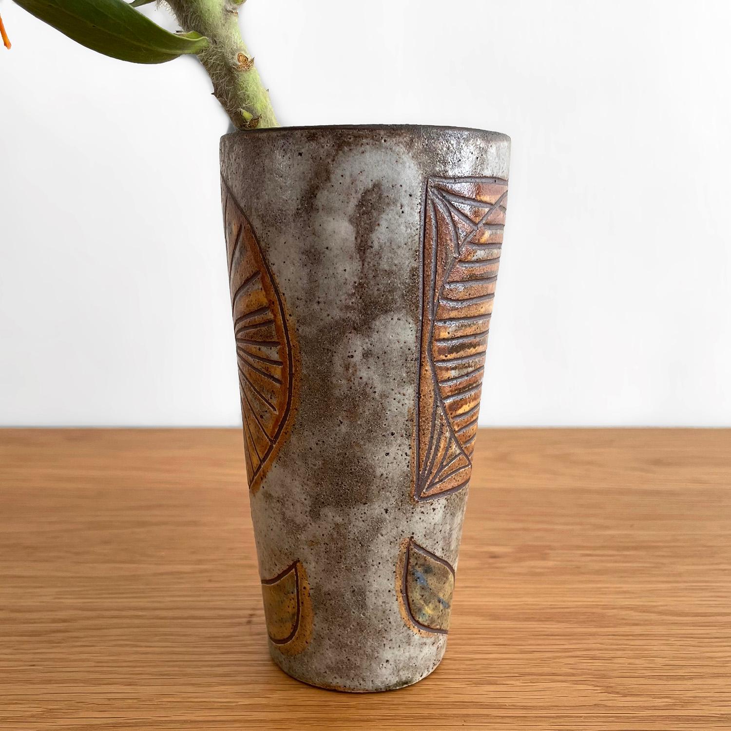 French Midcentury Vase by Alexandre Kostanda  
France, circa 1960s
Two unique floral motifs created from intricately scarred lines
Modern neutral palette
Marked identification
Perfectly preserved