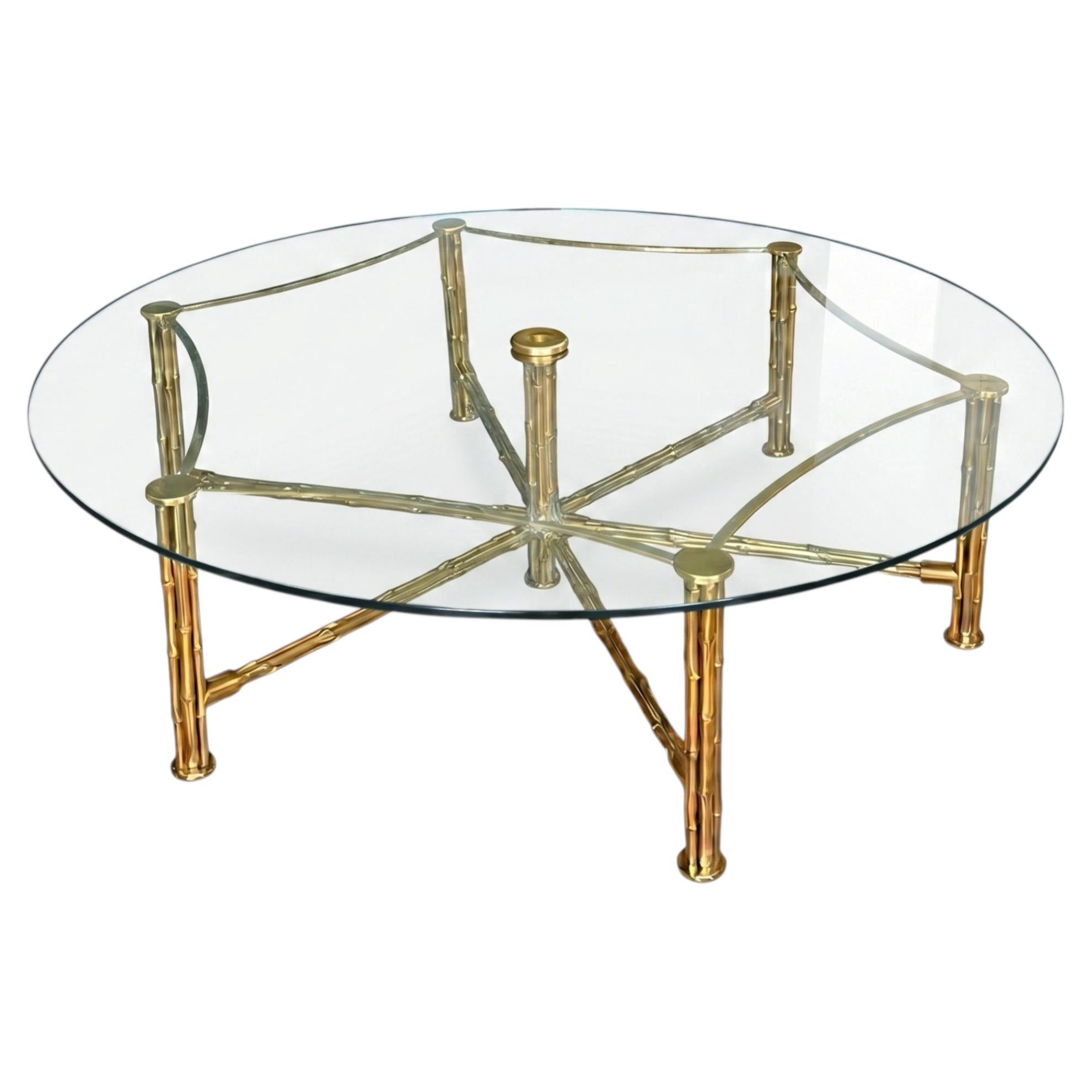French Midcentury Very Large Coffee Table - Solid Brass Faux Bamboo For Sale