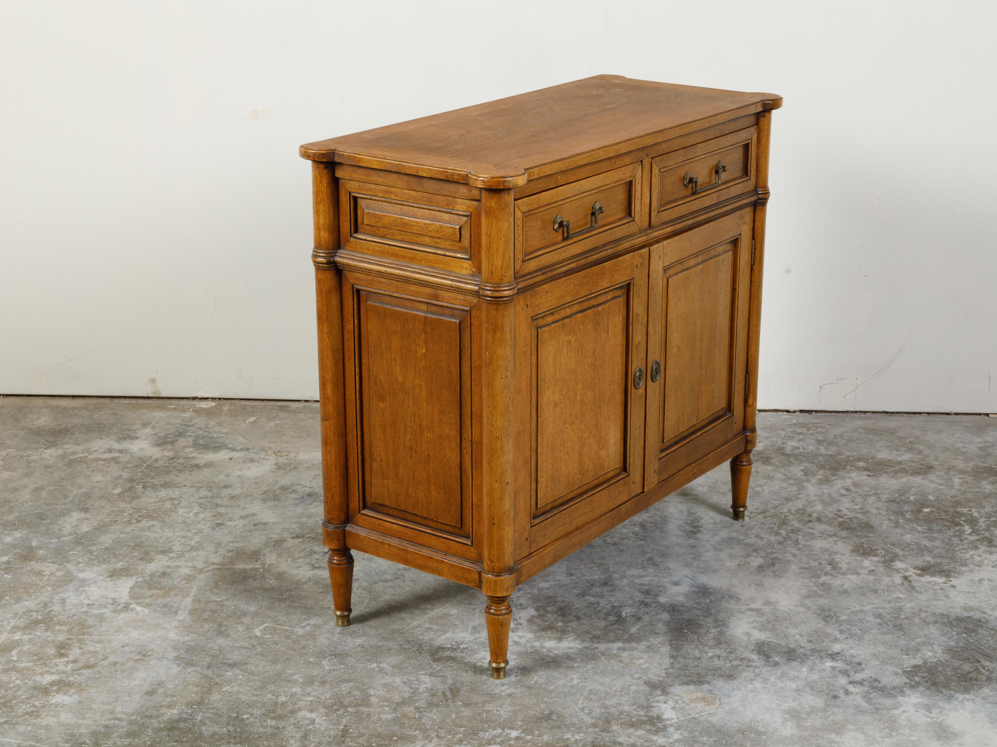 20th Century French Midcentury Walnut Buffet with Two Drawers, Two Doors and Brass Hardware