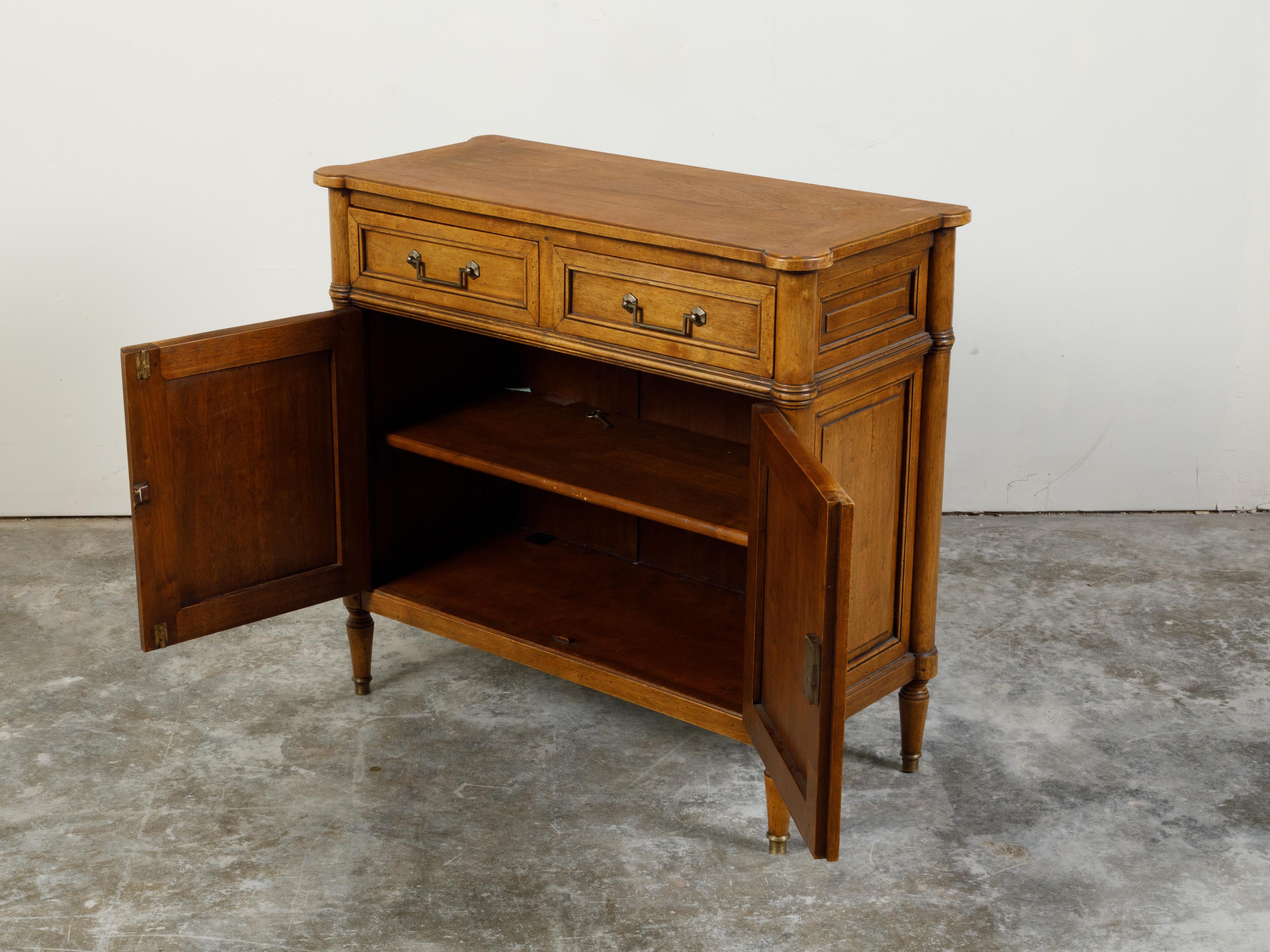 French Midcentury Walnut Buffet with Two Drawers, Two Doors and Brass Hardware 5