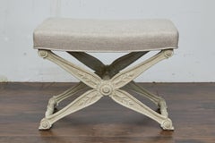 French Midcentury Whitewash Upholstered Curule Stool with Foliage Carved X-Frame