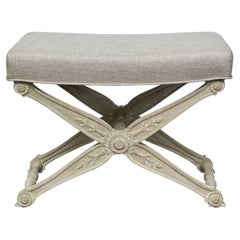 French Midcentury Whitewash Upholstered Curule Stool with Foliage Carved X-Frame