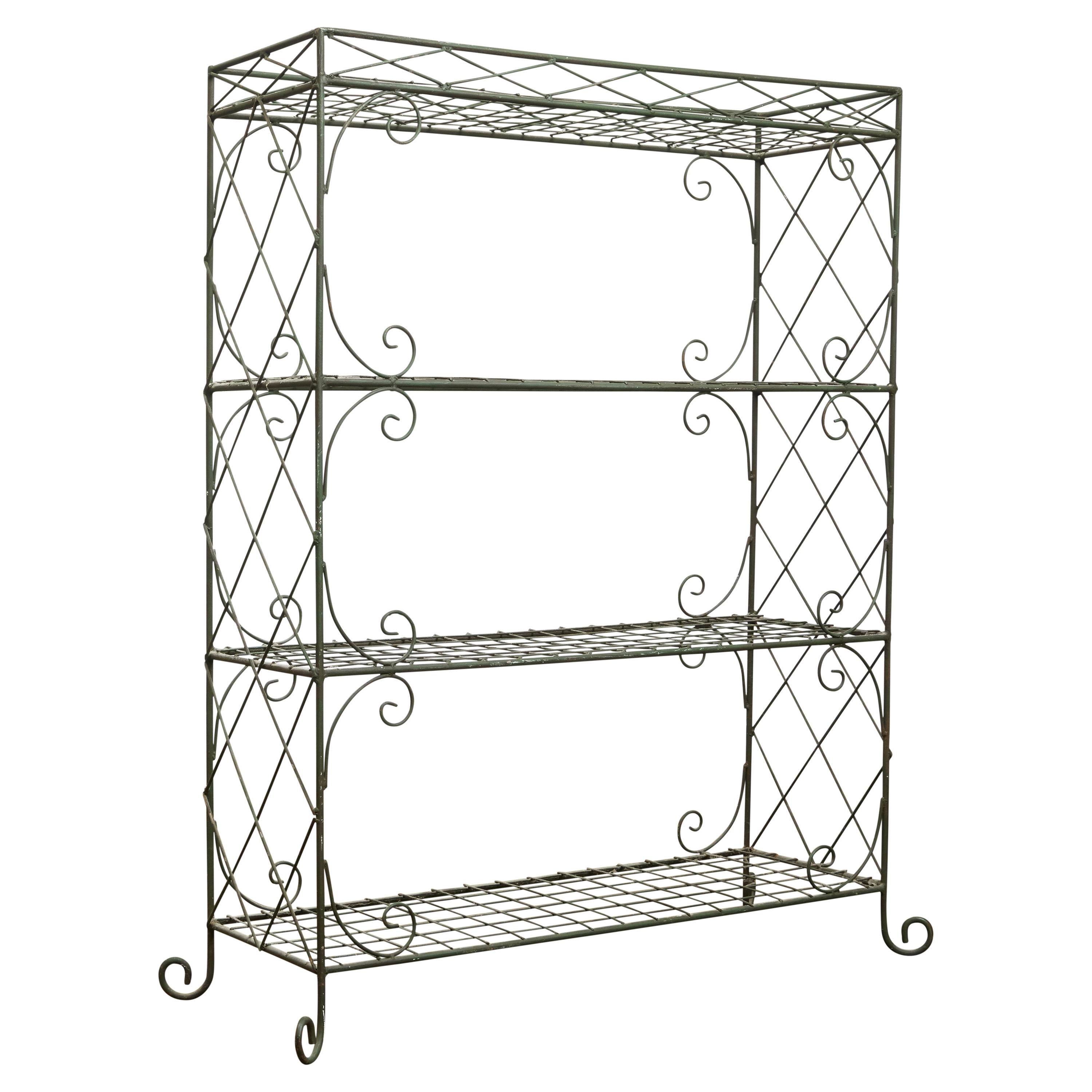 French Midcentury Wire Freestanding Shelf with Diamond Motifs and C-Scrolls
