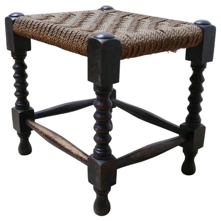 French Midcentury Woven Cord Wooden Stool or Side Table at 1stDibs