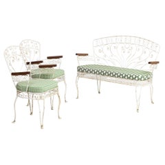 Vintage French Midcentury Wrought Iron Patio Garden Bench Settee and Pair of Armchairs