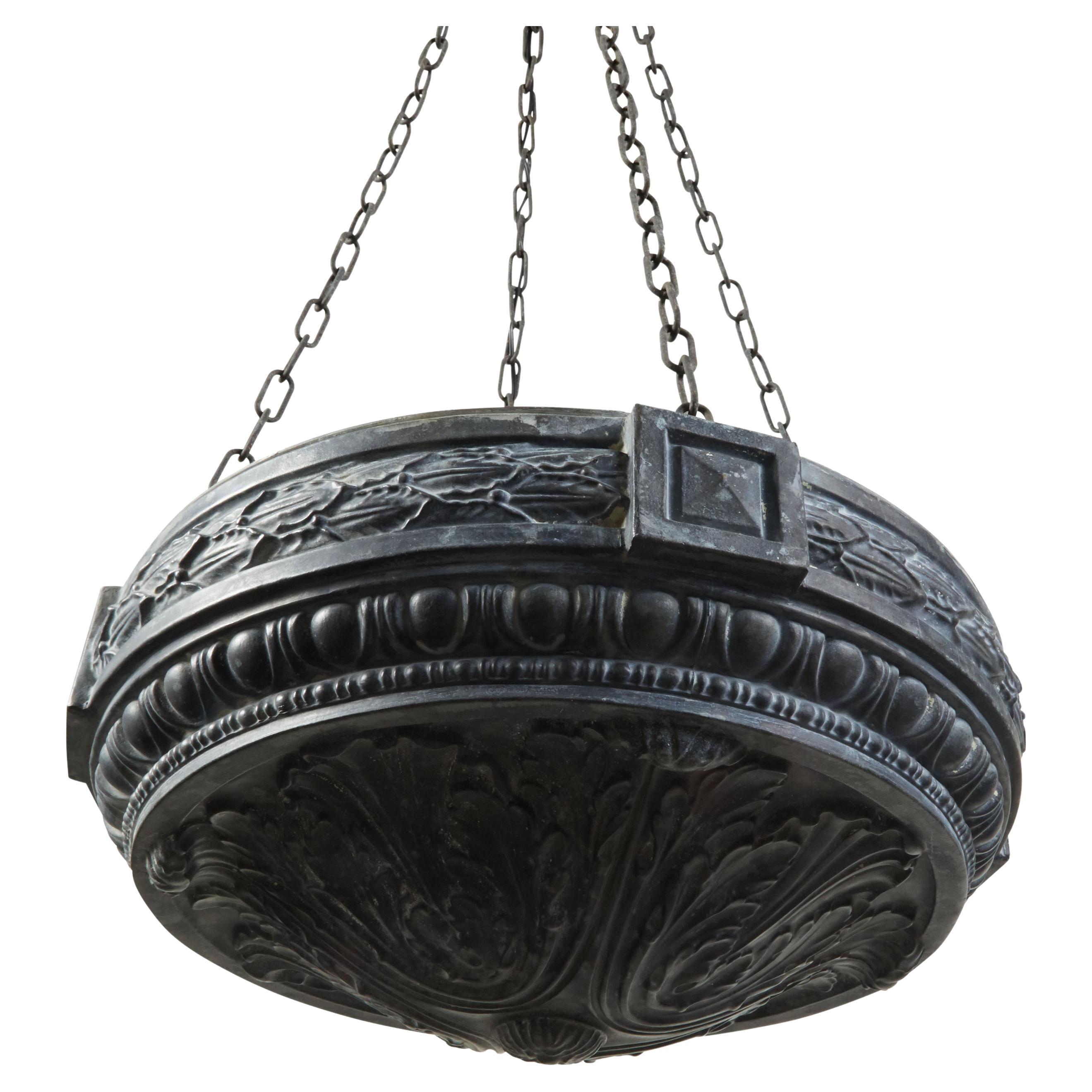 French Midcentury Zinc Light Fixture with Foliage and Egg-and-Dart Motifs For Sale