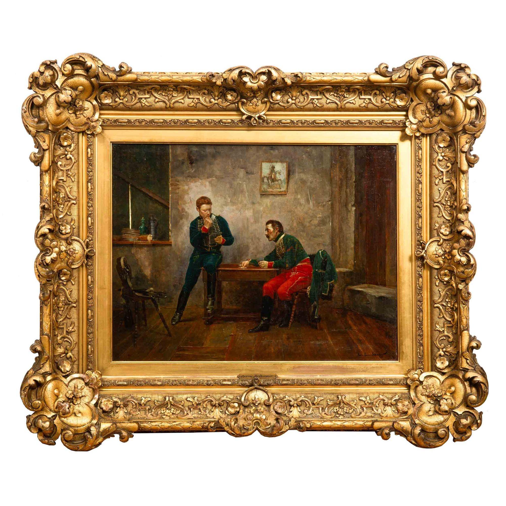 Romantic French Military Painting Soldiers Playing Cards by Jean Berne-Bellecour
