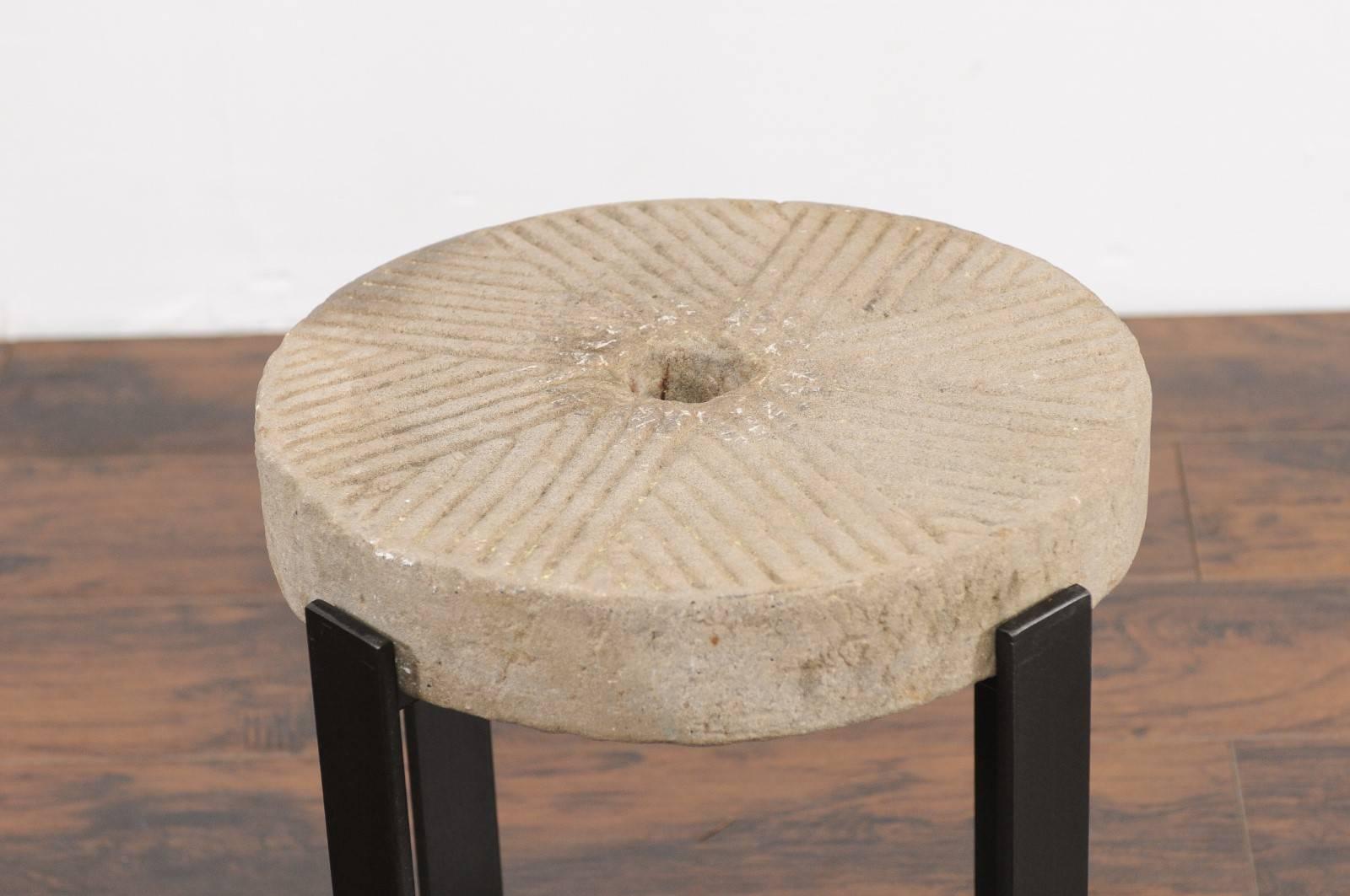 French Millstone Drink Tabletop Mounted on a Black Iron Custom-Made Base In Good Condition In Atlanta, GA