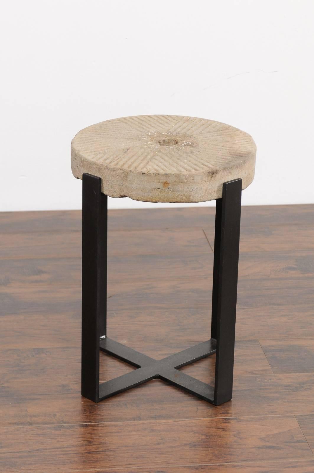 French Millstone Drink Tabletop Mounted on a Black Iron Custom-Made Base 2