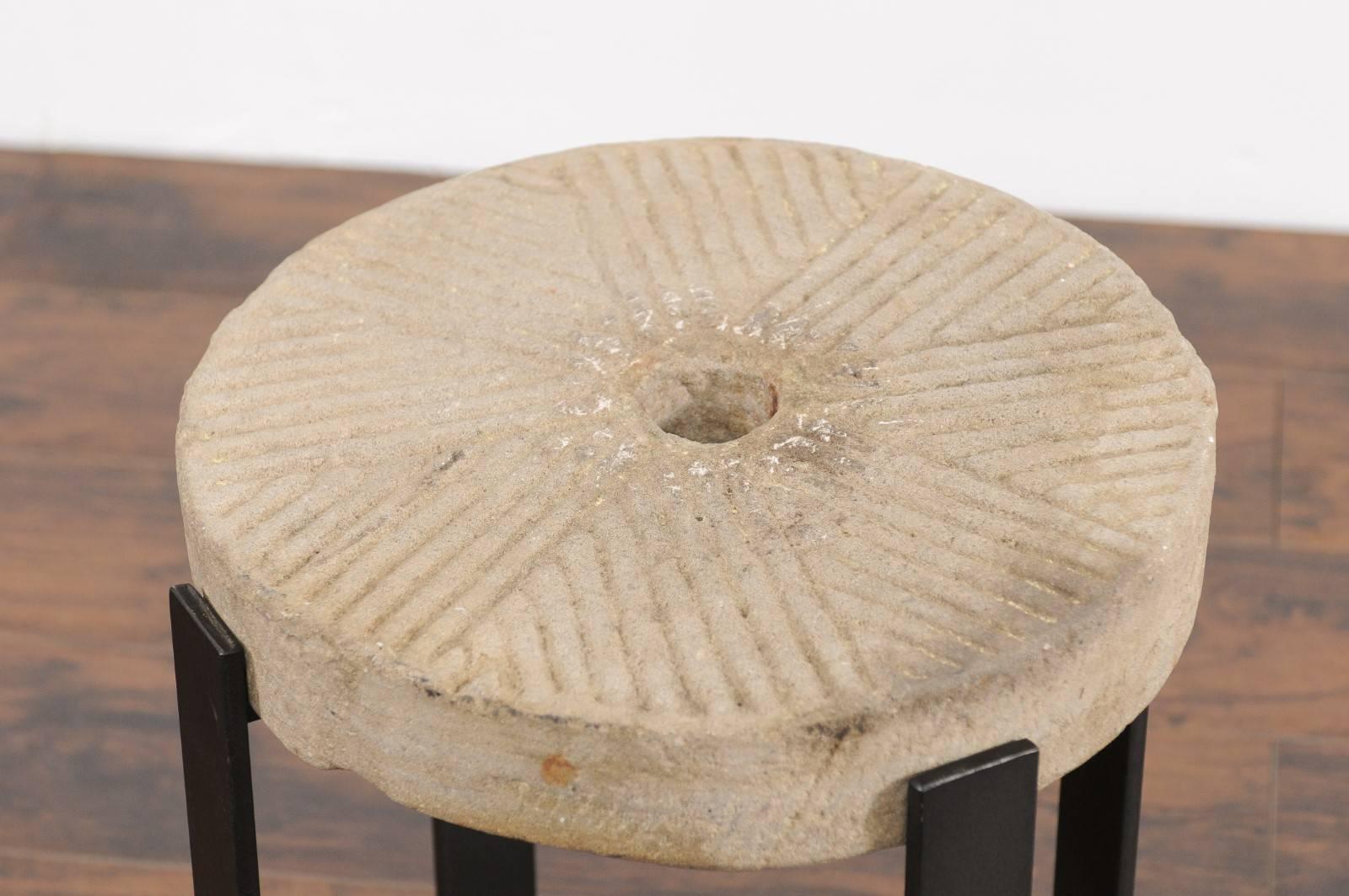 French Millstone Drink Tabletop Mounted on a Black Iron Custom-Made Base 3