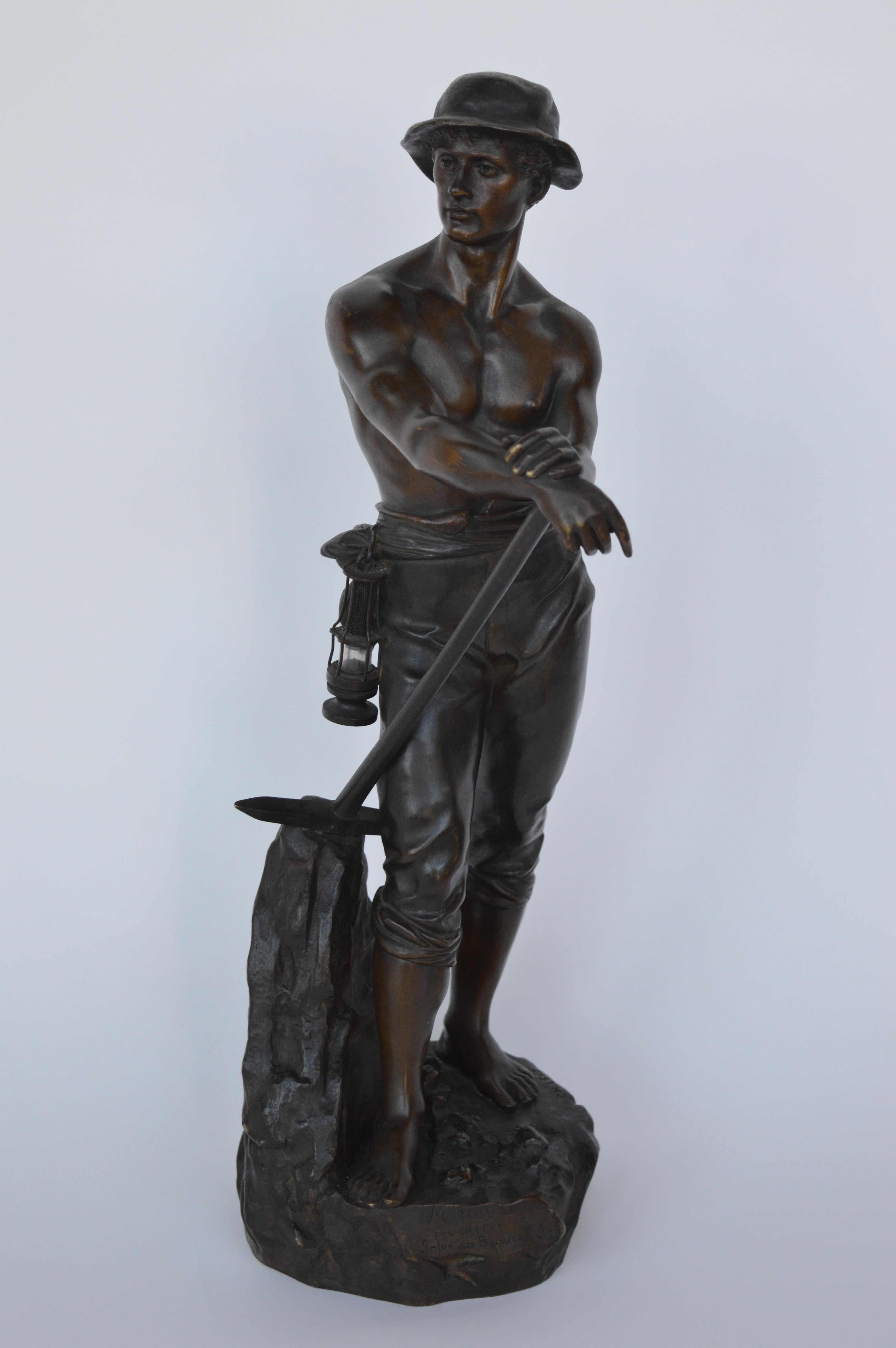 French miner in bronze by Charles-Octave Levy, France, 1820-1899.
Signed with titled Mineur par and CH Levy / Salon des Beaux - Arts. Numbered 9088.