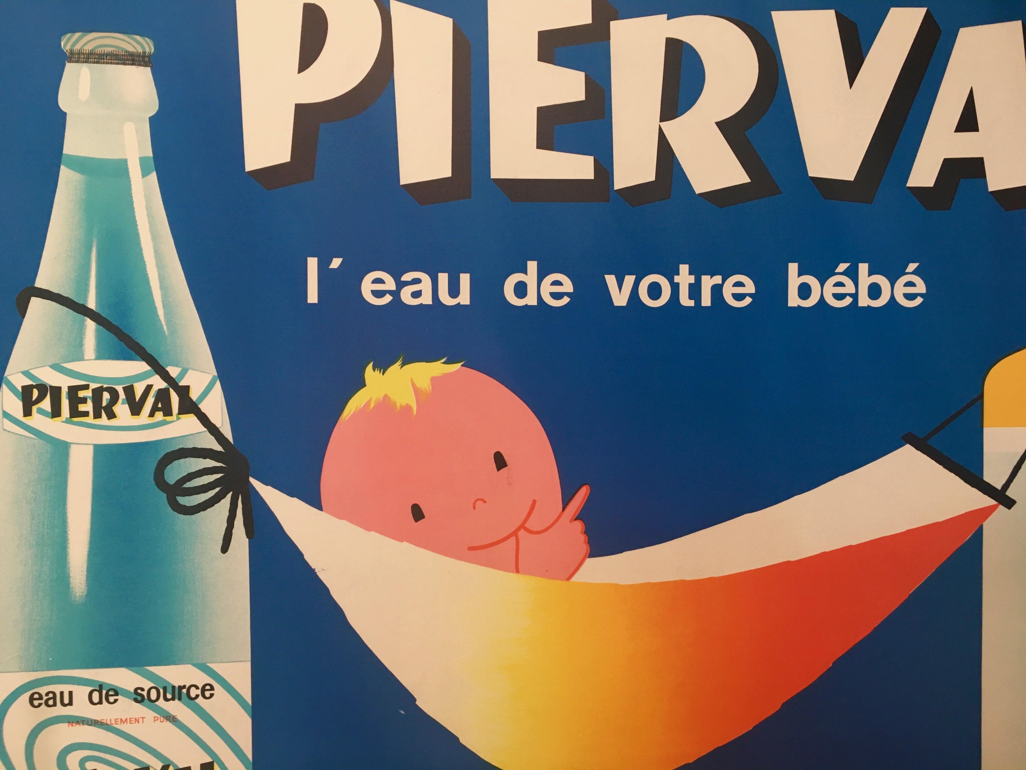 French mineral water original vintage advertising poster, 'Pierval' by J. Auriac

This poster is a certified original vintage poster. It is large poster format featuring a little baby in hammock between a baby bottle and a mineral water bottle.