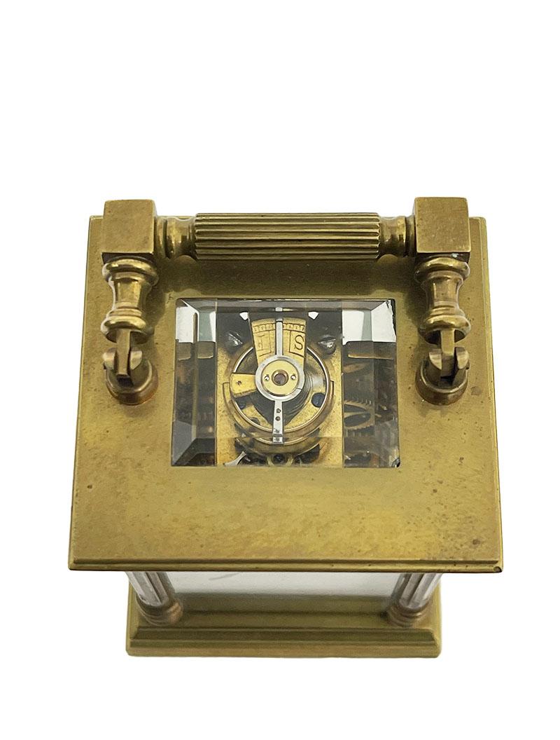 Brass French miniature brass carriage clock in case For Sale