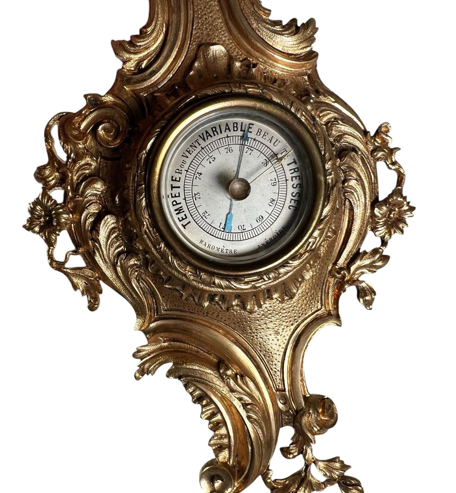 Français French Miniature Bronze Doré Centigrade Thermometer and Barometer en vente