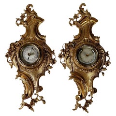 French Miniature Bronze Doré Centigrade Thermometer and Barometer