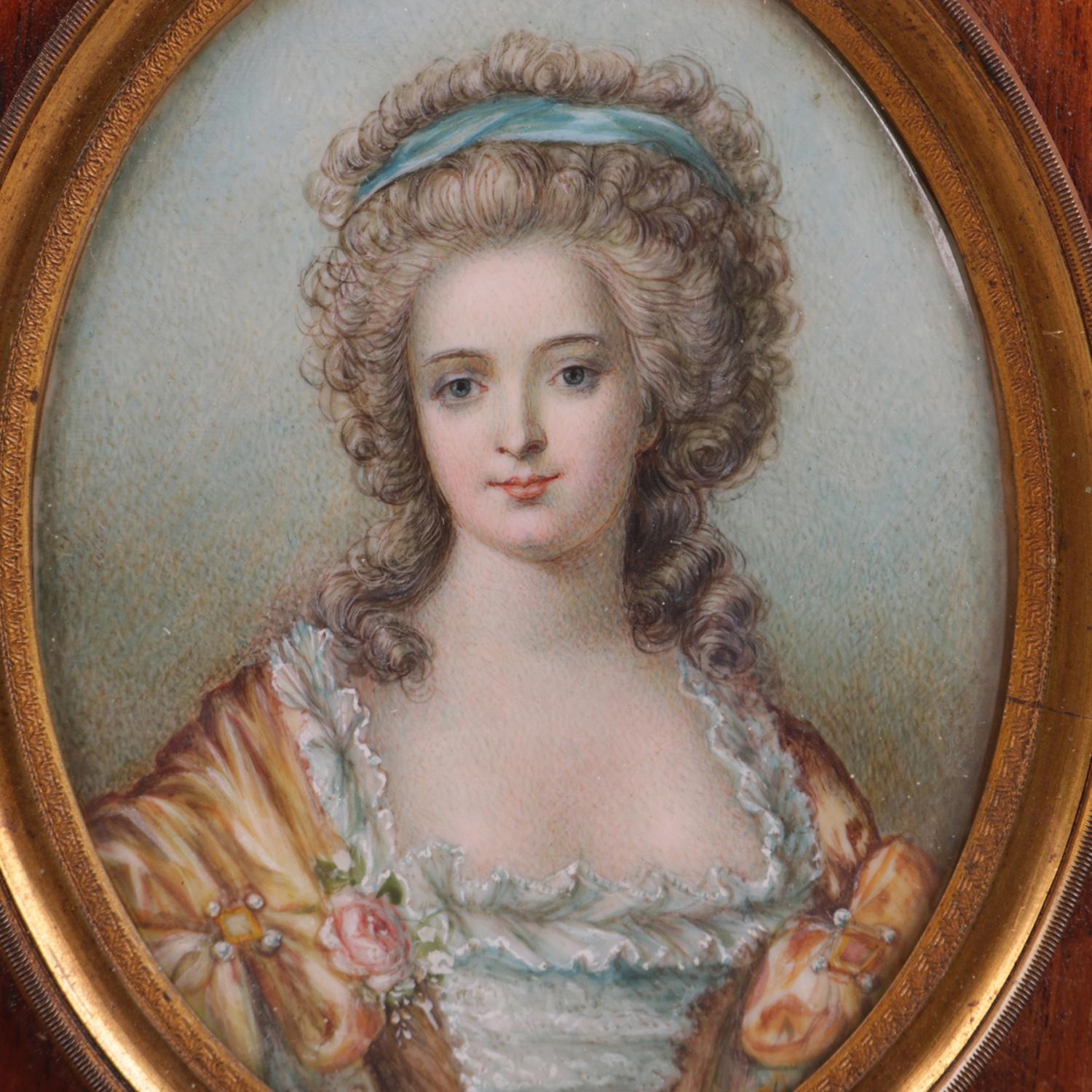 Antique French hand-painted royalty portrait painting on cellulose features the Queen Marie Antoinette, seated in wood frame, reminiscent of Vigee Le Brun (French, 1785-1842), 19th century.

Measures: 6.5
