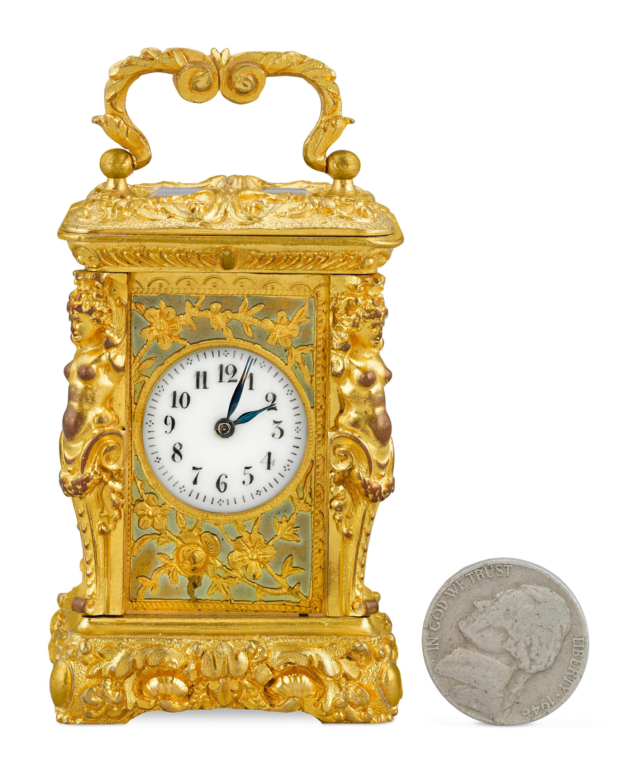 French Miniature Gilt Bronze Carriage Clock In Excellent Condition In New Orleans, LA