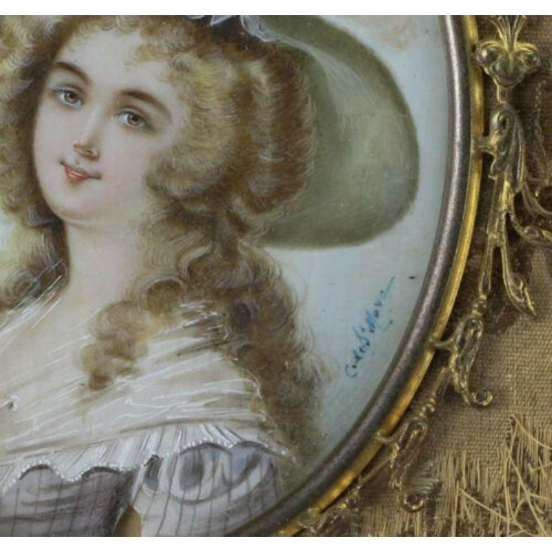 European French Miniature Lady's Portrait Gilt Bronze Frame Hand Painted, 19th Century For Sale