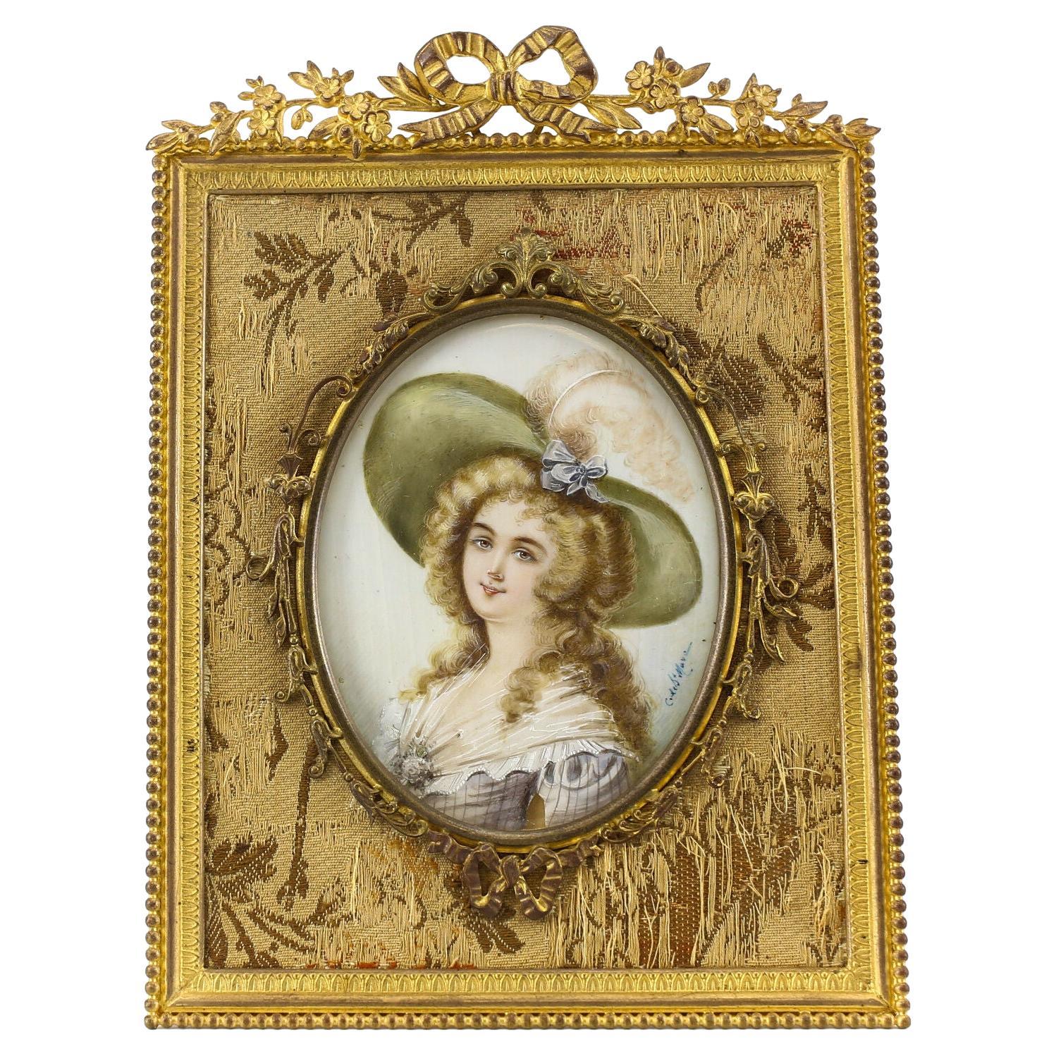 French Miniature Lady's Portrait Gilt Bronze Frame Hand Painted, 19th Century
