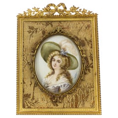 Vintage French Miniature Lady's Portrait Gilt Bronze Frame Hand Painted, 19th Century