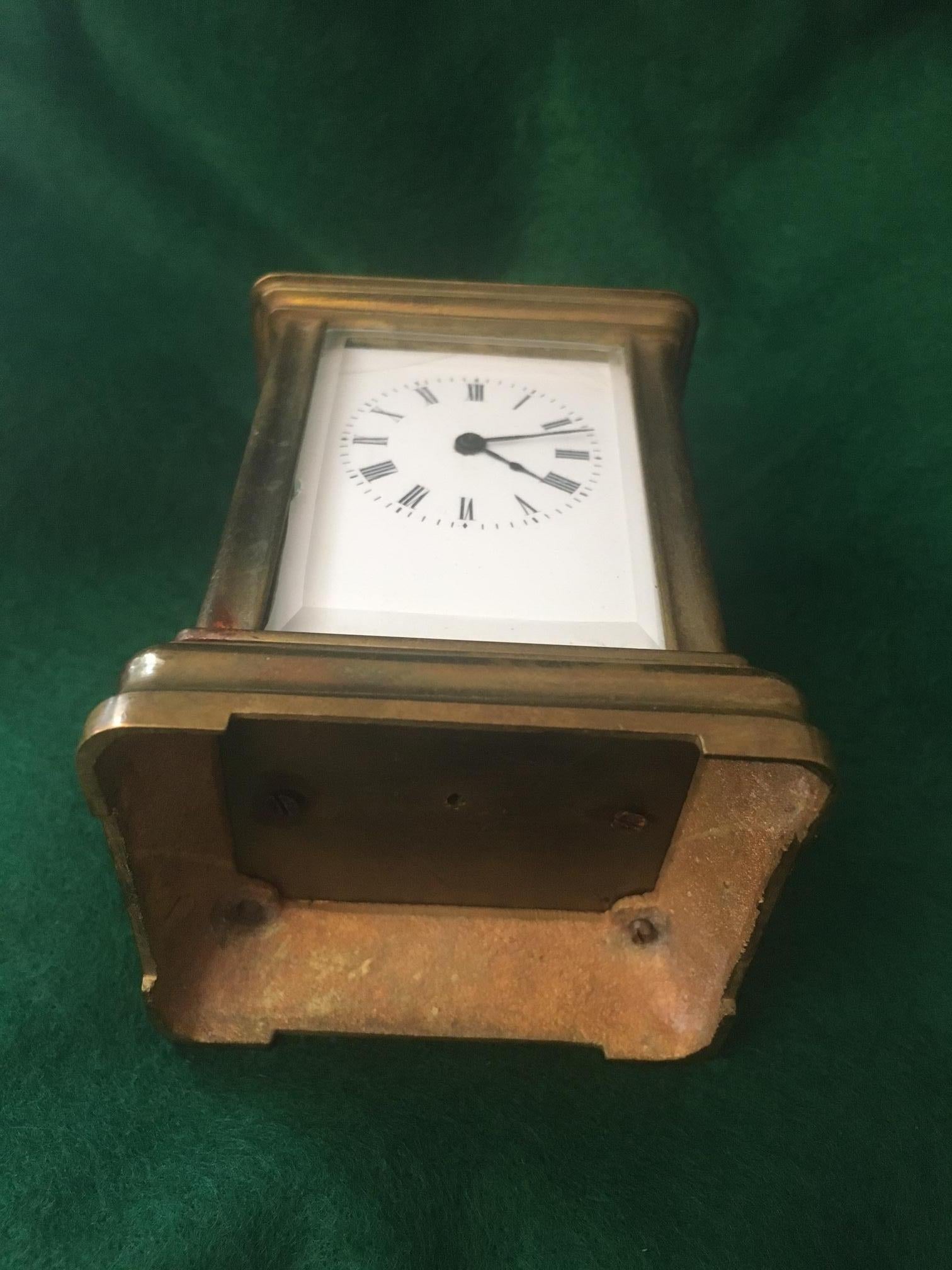 Neoclassical French Miniature Mignonnette Brass Carriage Clock with Beveled Glass circa 1900 For Sale