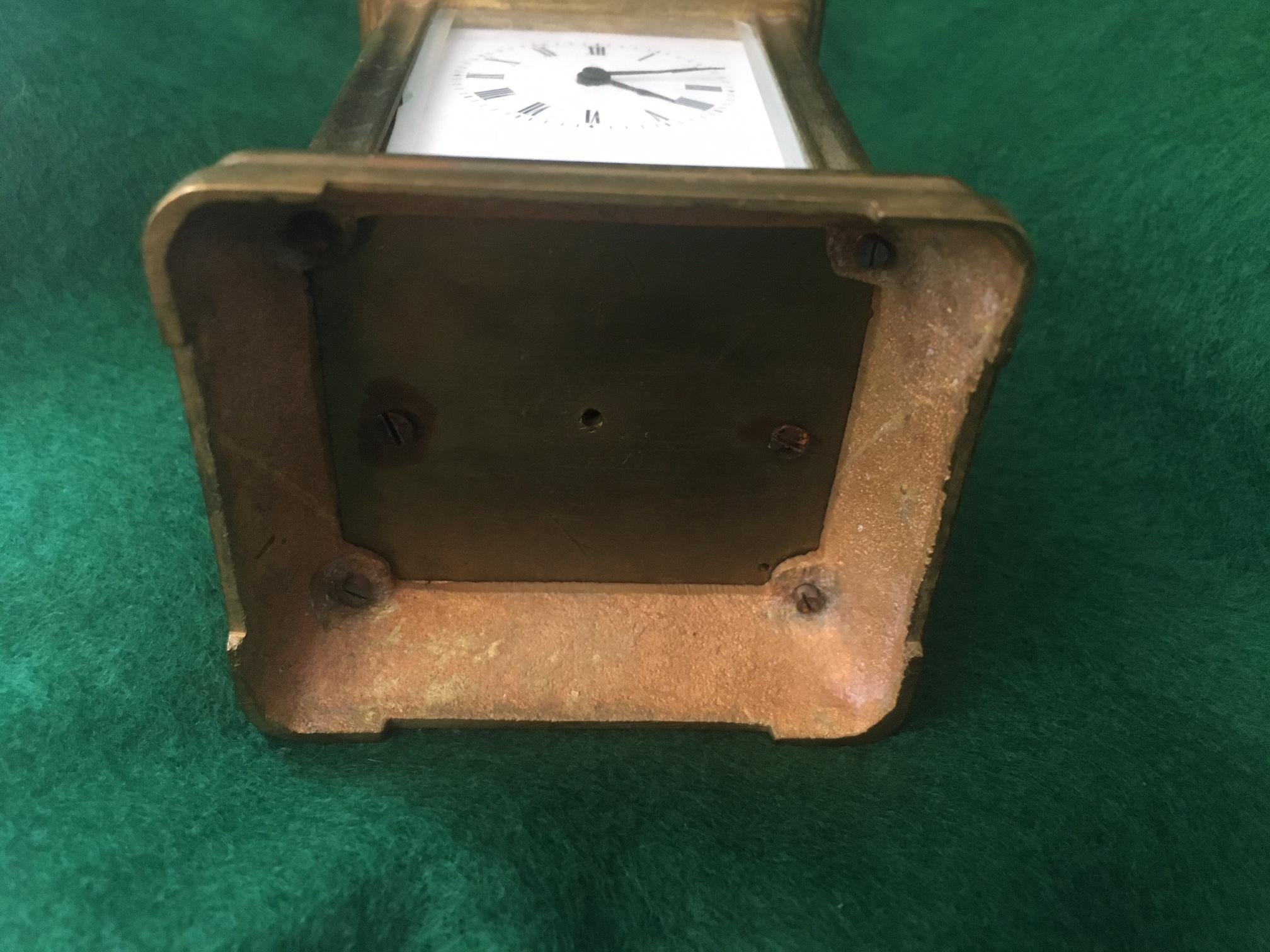 French Miniature Mignonnette Brass Carriage Clock with Beveled Glass circa 1900 In Fair Condition For Sale In Savannah, GA