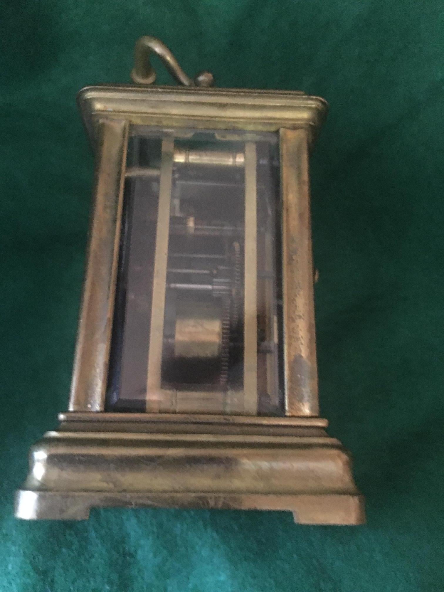 Early 20th Century French Miniature Mignonnette Brass Carriage Clock with Beveled Glass circa 1900 For Sale
