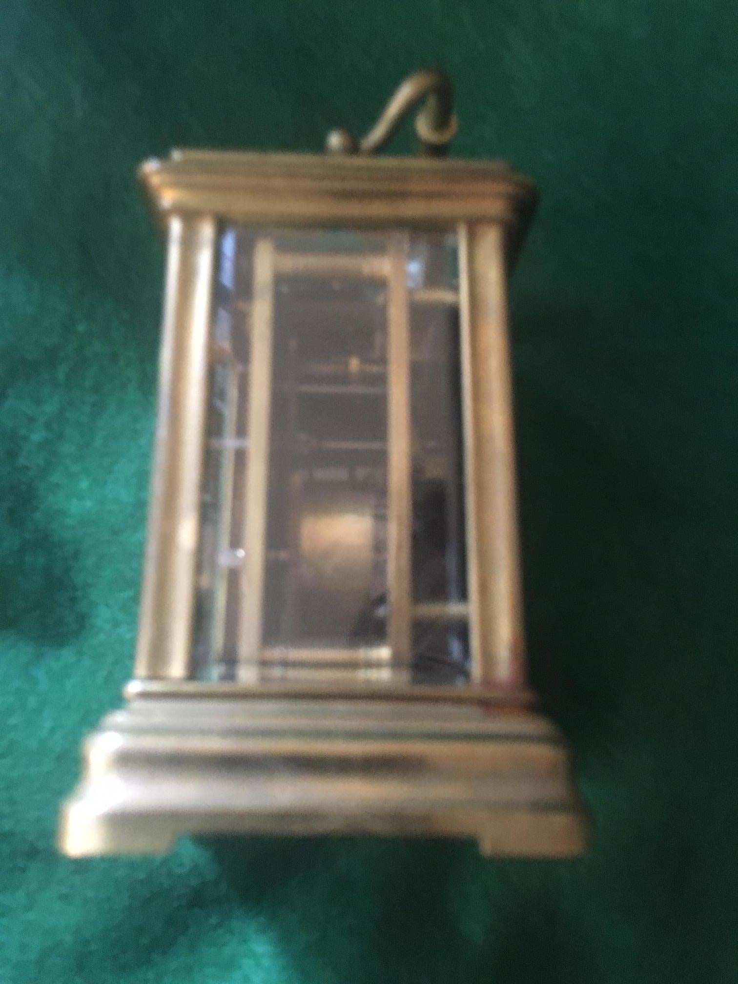 French Miniature Mignonnette Brass Carriage Clock with Beveled Glass circa 1900 For Sale 1