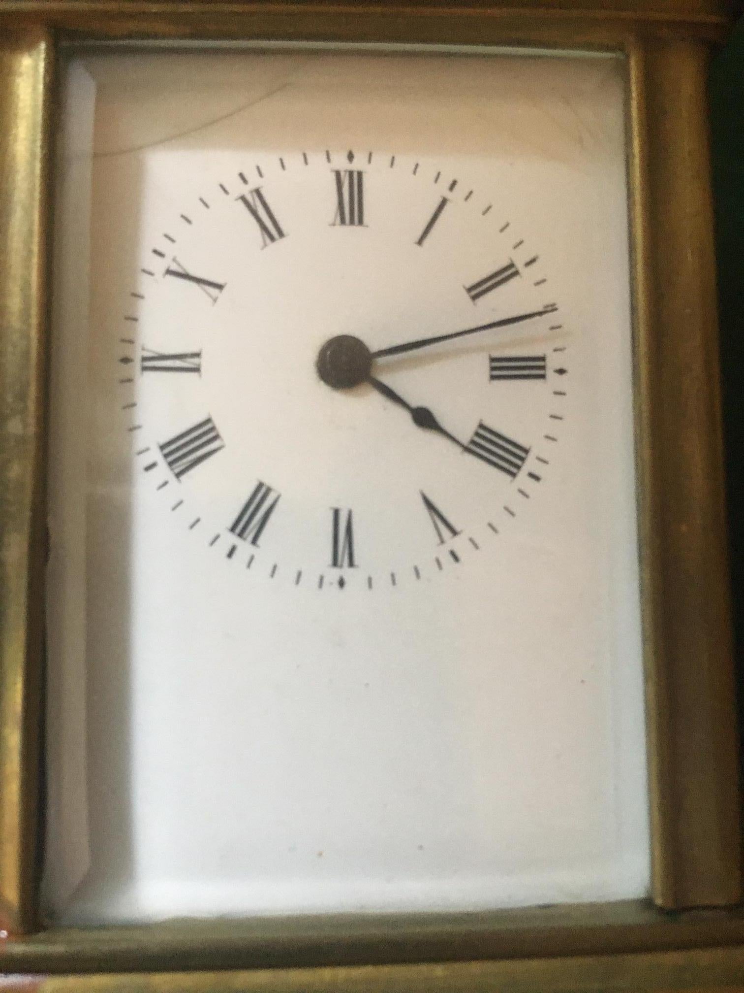 French Miniature Mignonnette Brass Carriage Clock with Beveled Glass circa 1900 For Sale 2