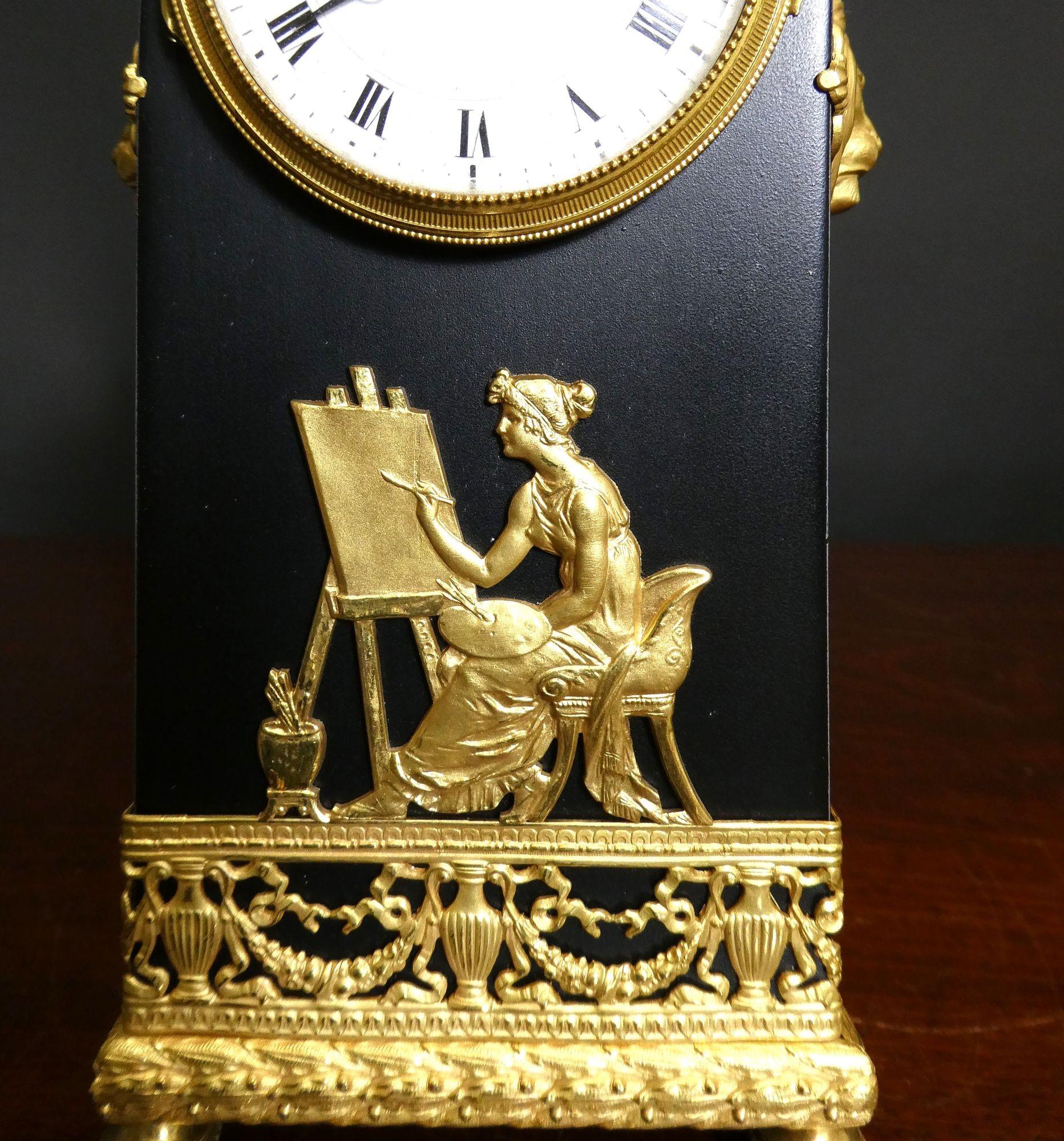 French Miniature Patinated Bronze and Ormolu Mantel Clock For Sale 6