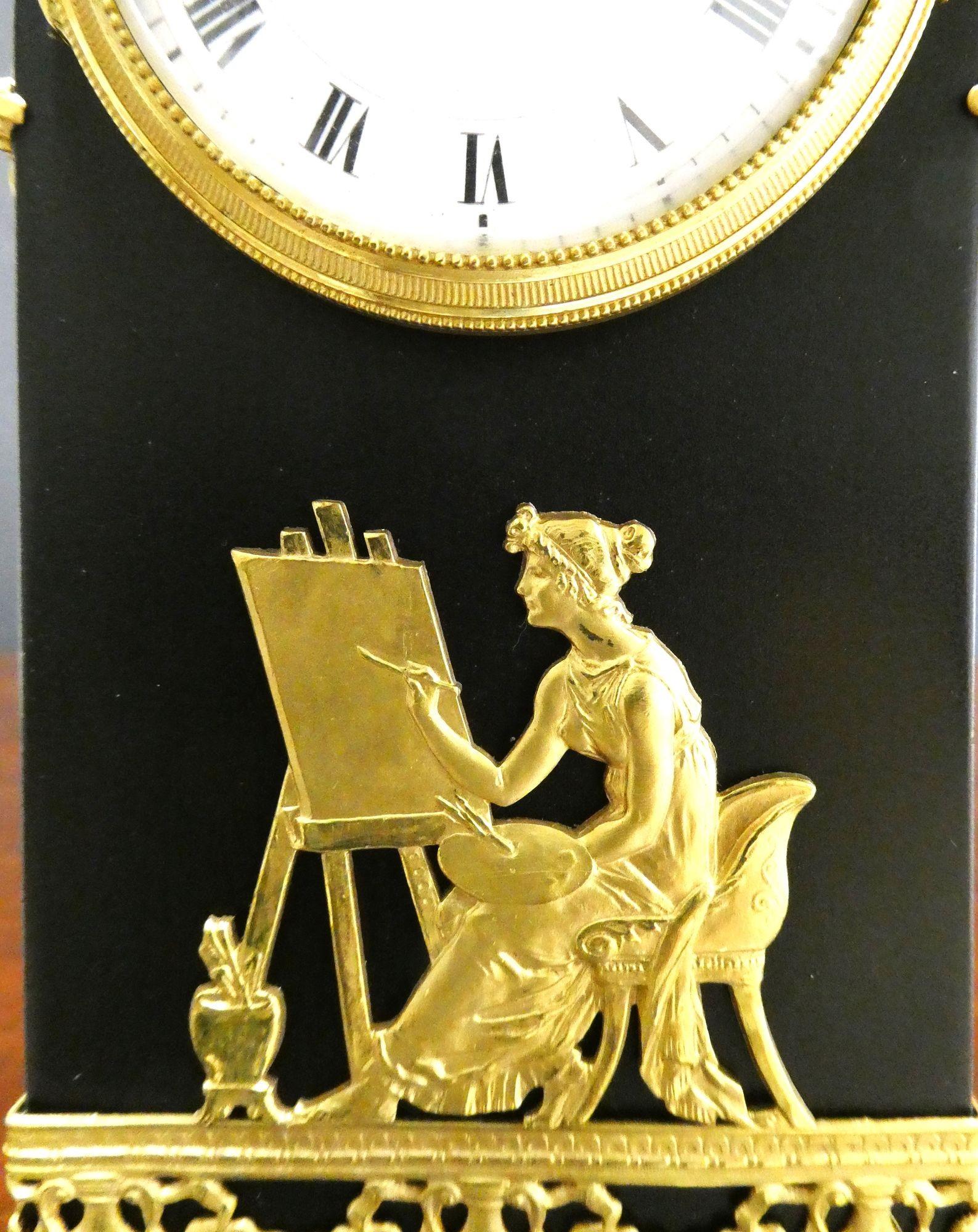 French Miniature Patinated Bronze and Ormolu Mantel Clock For Sale 7