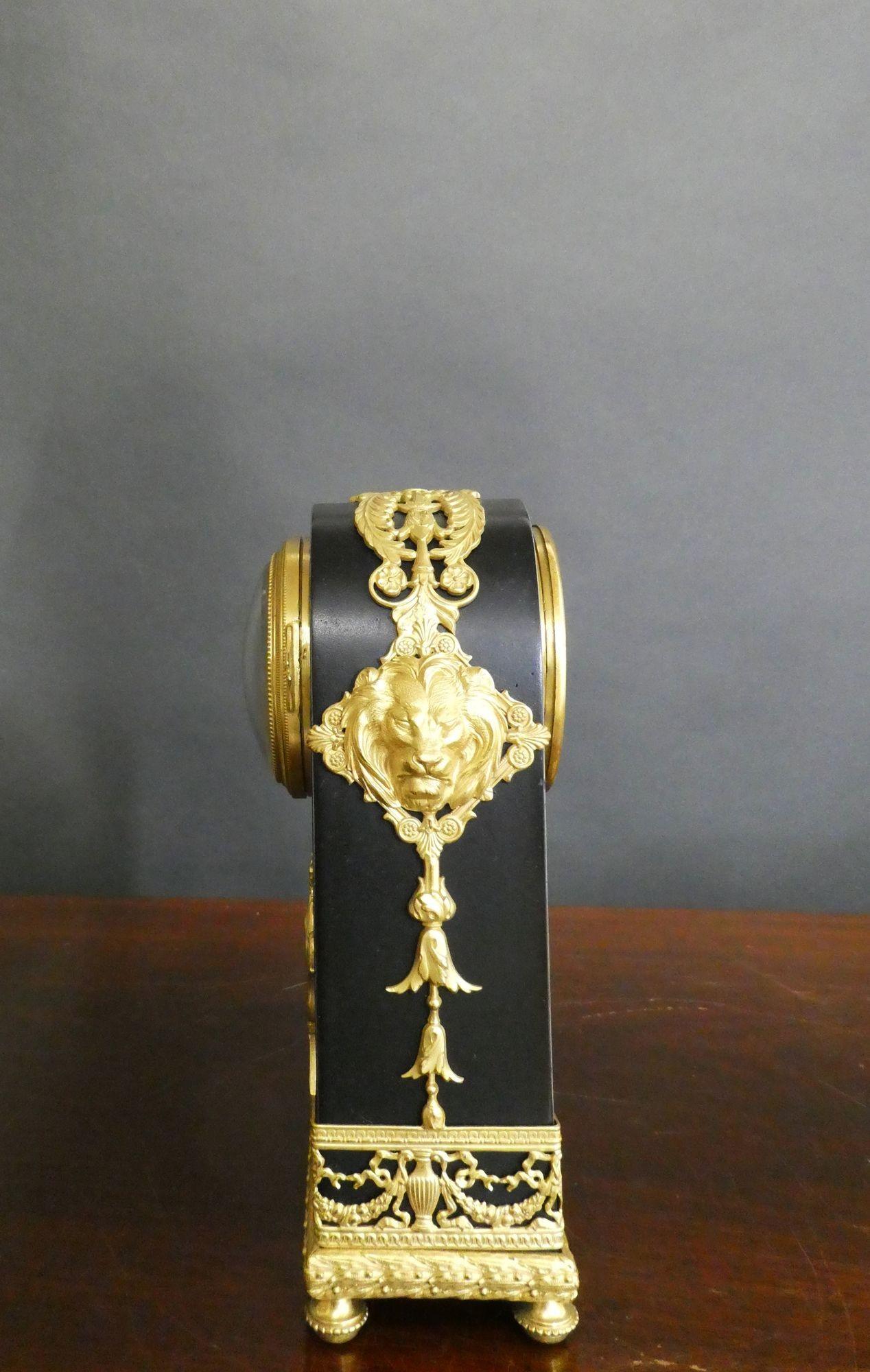 French Miniature Patinated Bronze and Ormolu Mantel Clock For Sale 1