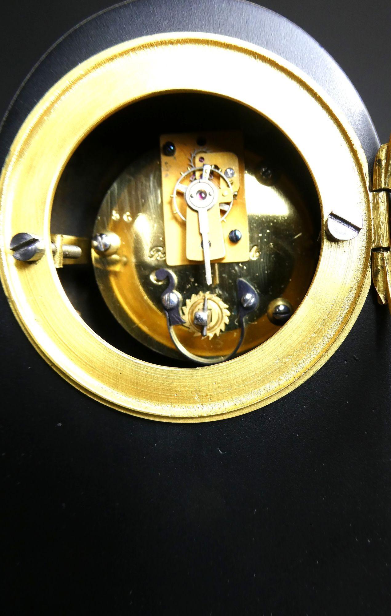 French Miniature Patinated Bronze and Ormolu Mantel Clock For Sale 4