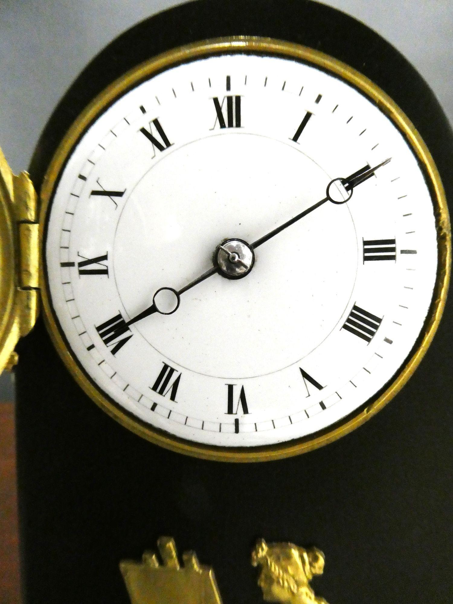 French Miniature Patinated Bronze and Ormolu Mantel Clock For Sale 5