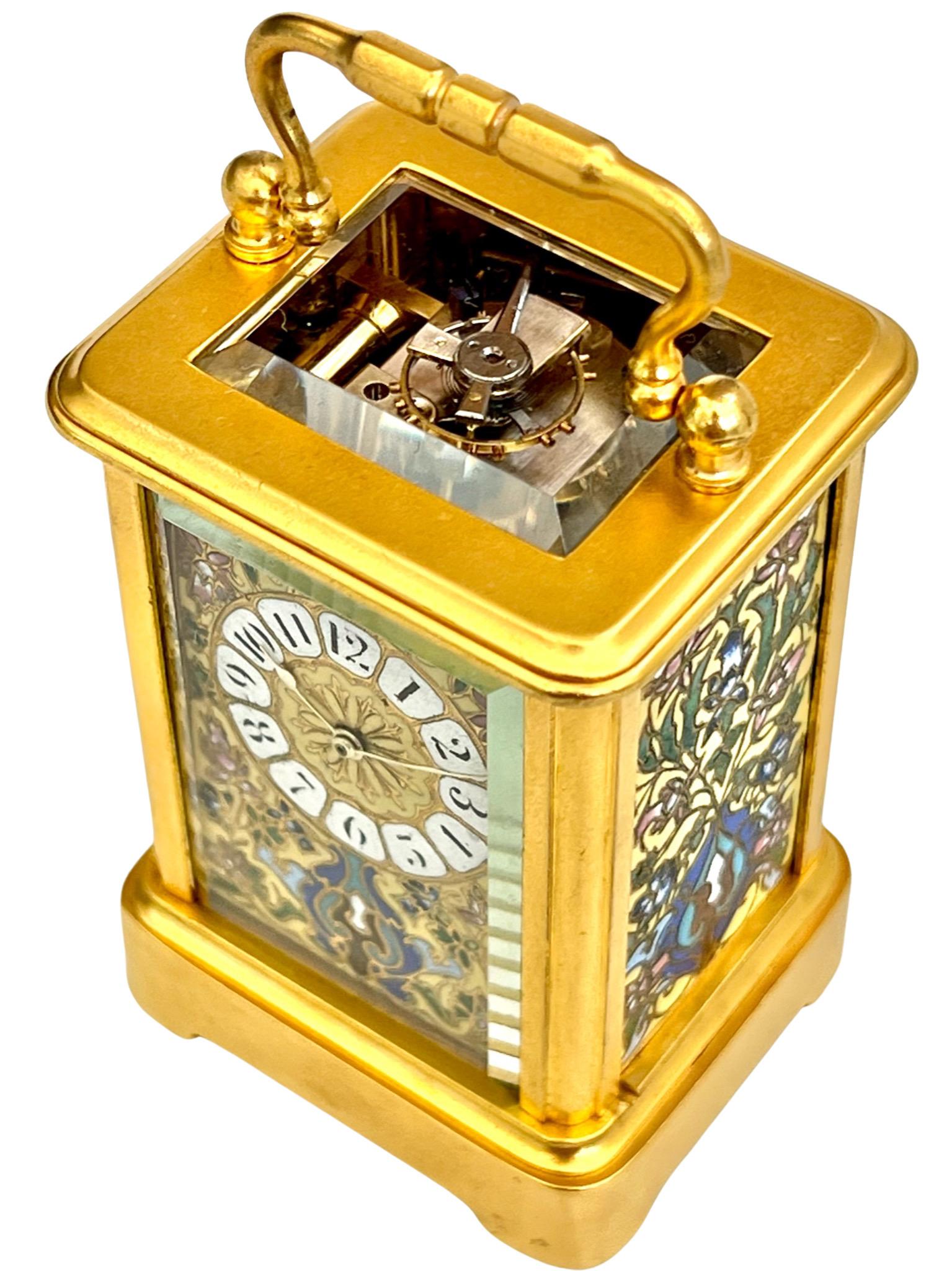 French Miniature Timepiece 8 Day Carriage Clock With Champlevé Enamel Panels For Sale 6