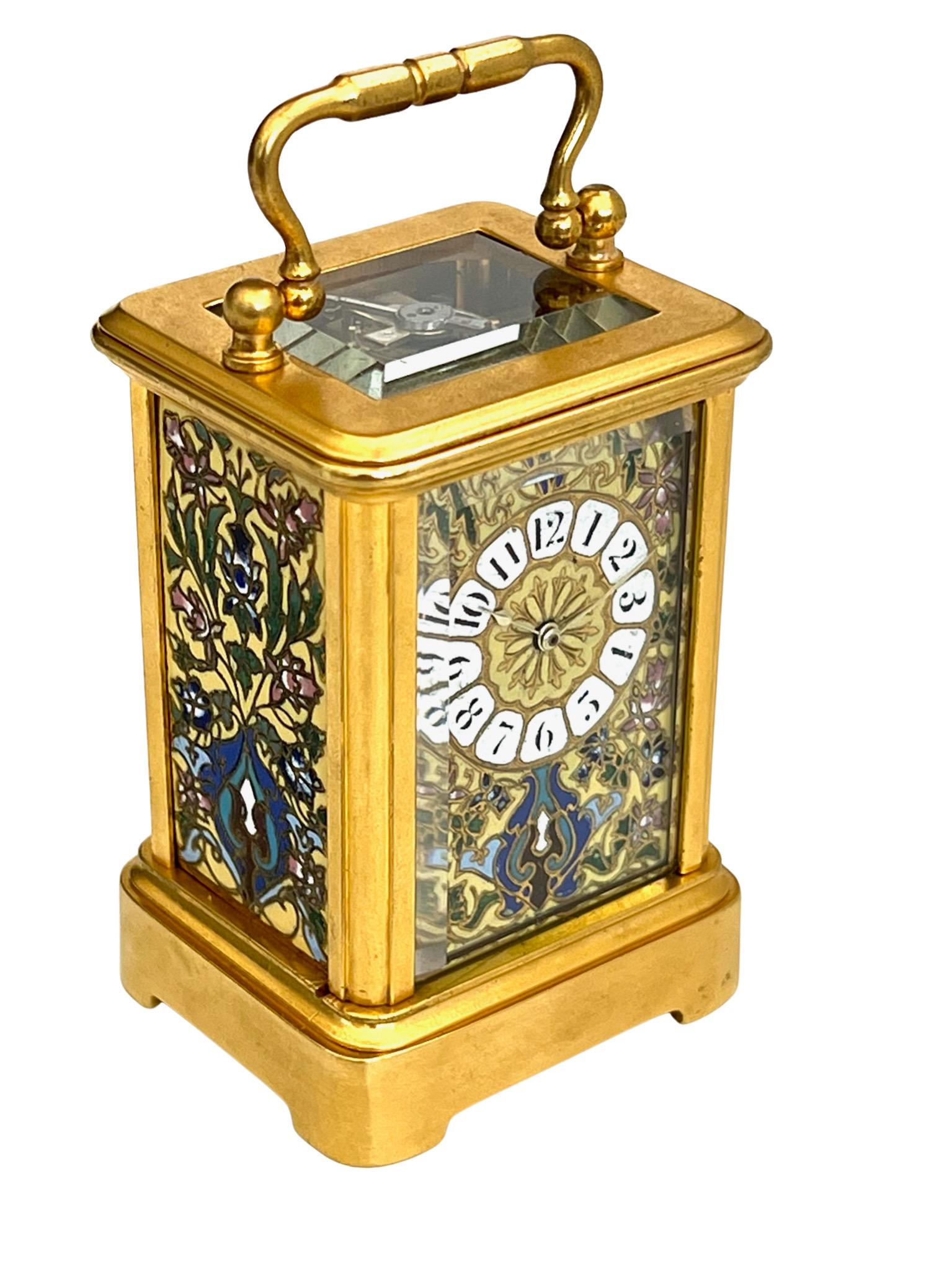 French Miniature Timepiece 8 Day Carriage Clock With Champlevé Enamel Panels For Sale 10
