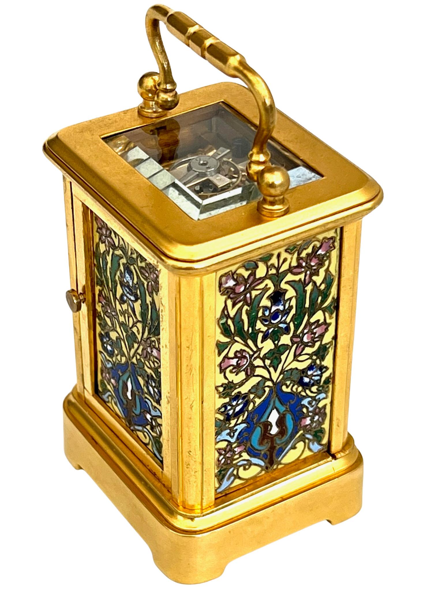 French Miniature Timepiece 8 Day Carriage Clock With Champlevé Enamel Panels For Sale 11