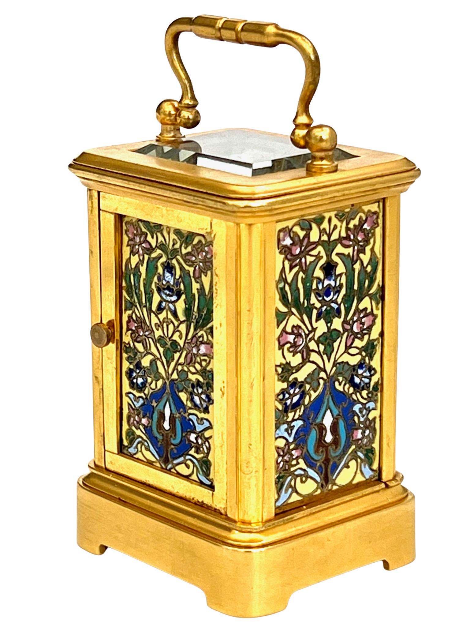 Late 19th Century French Miniature Timepiece 8 Day Carriage Clock With Champlevé Enamel Panels For Sale