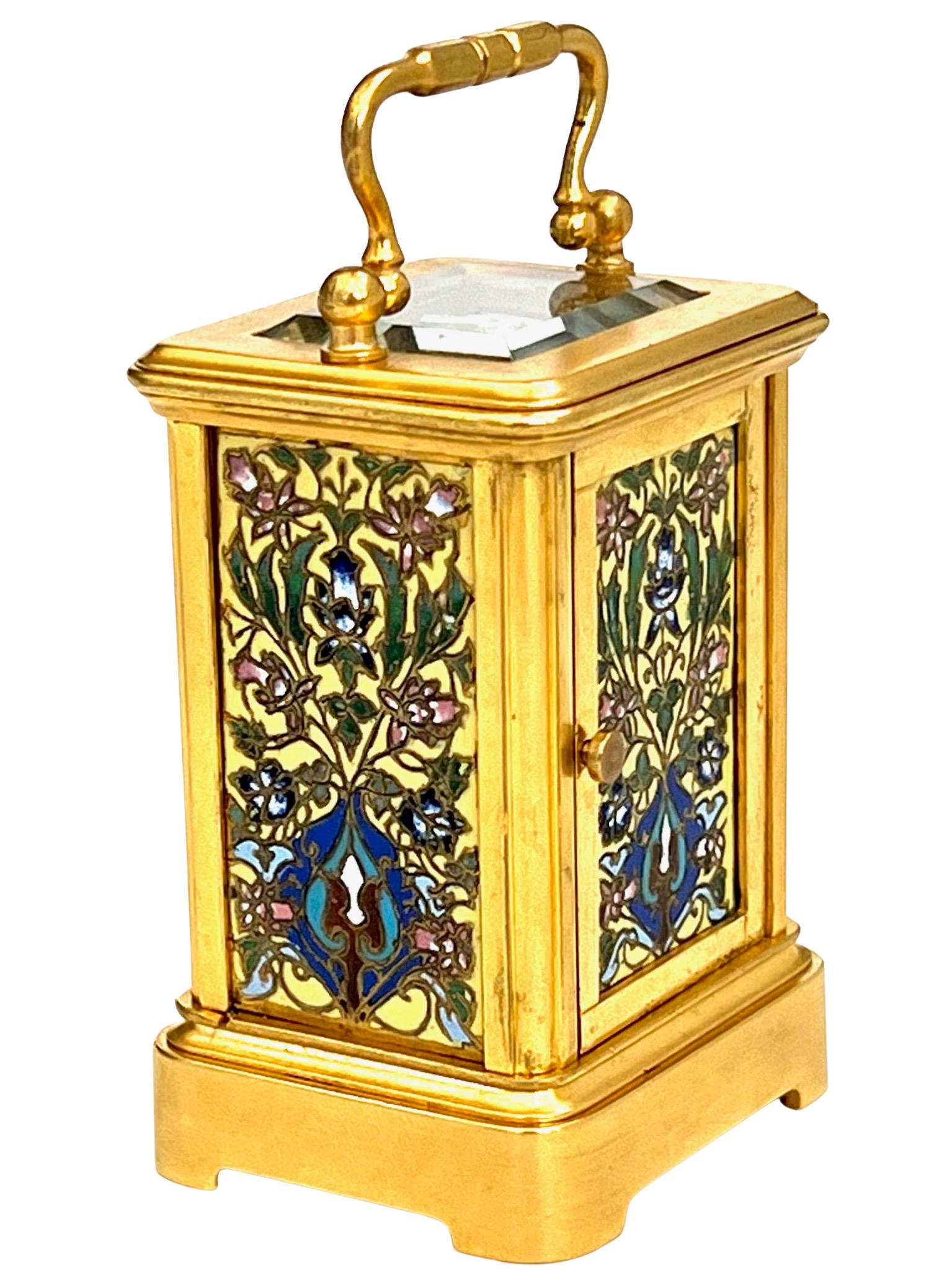Brass French Miniature Timepiece 8 Day Carriage Clock With Champlevé Enamel Panels For Sale