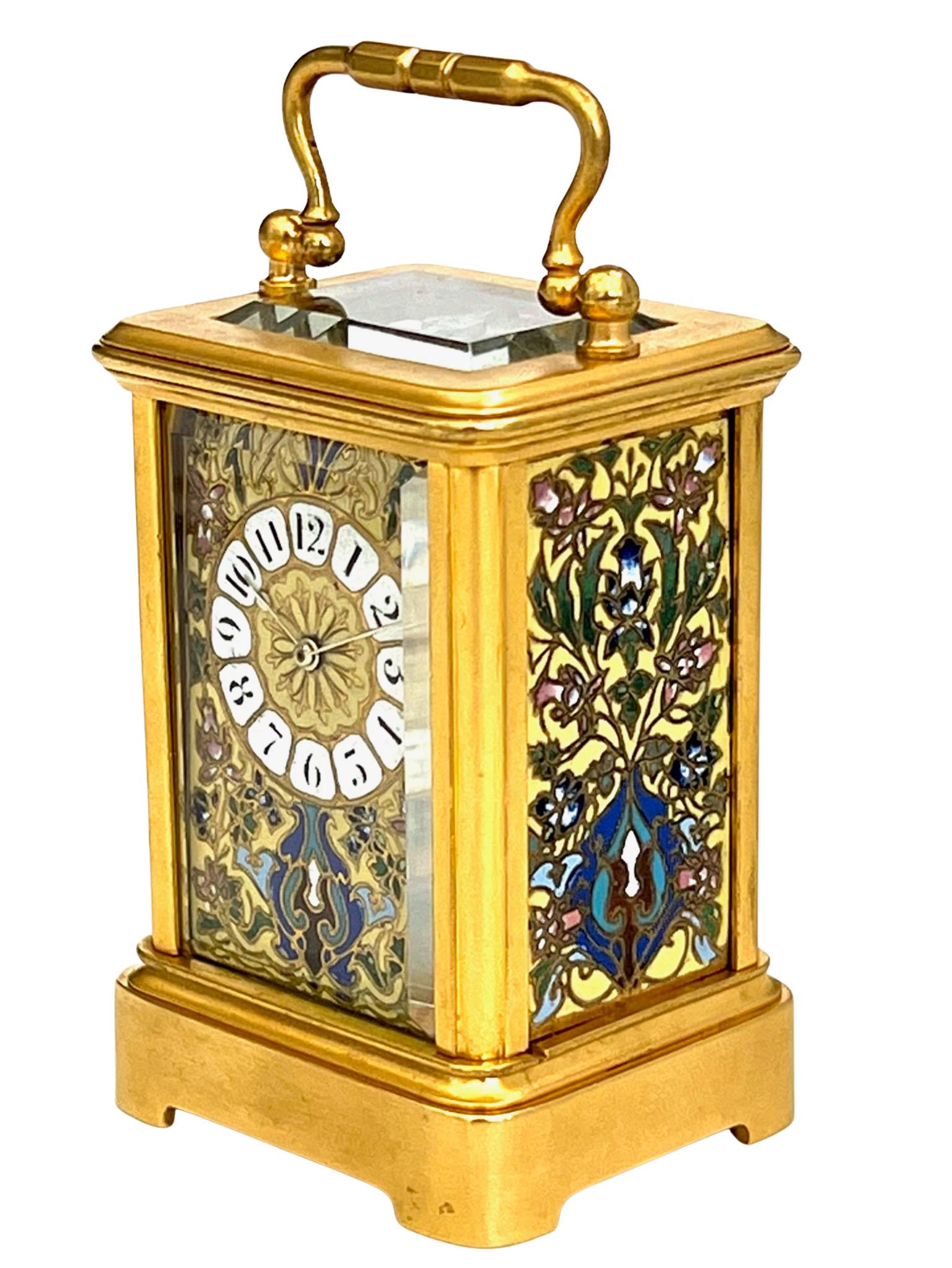 French Miniature Timepiece 8 Day Carriage Clock With Champlevé Enamel Panels For Sale 2