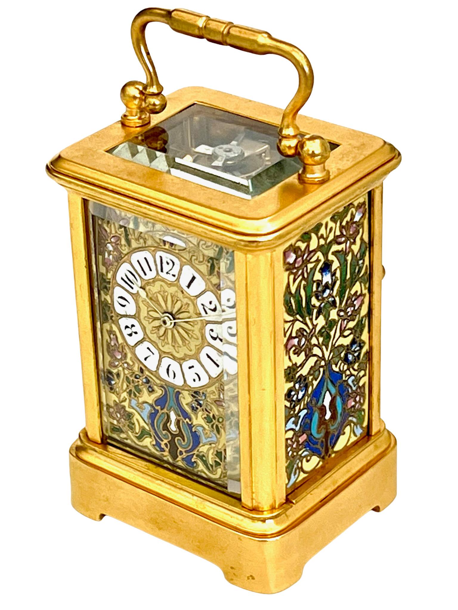 French Miniature Timepiece 8 Day Carriage Clock With Champlevé Enamel Panels For Sale 3